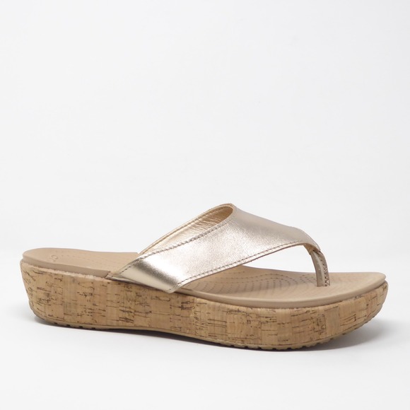 CROCS Shoes - Crocs A-Leigh Womens Sandals Gold Metallic Leather Cork Wedge Flip Flops 9